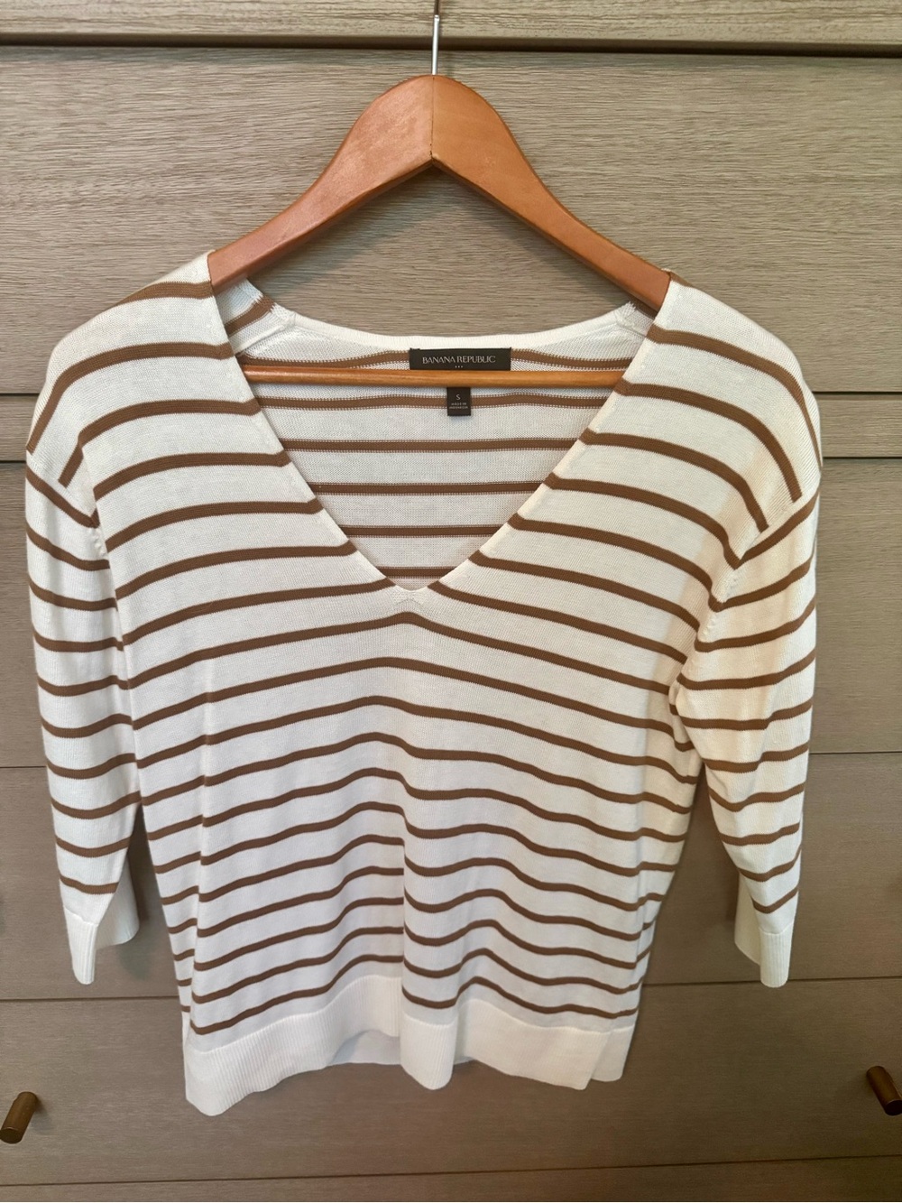 Banana Republic Cream Sweater with Tan Stripes V-Neck